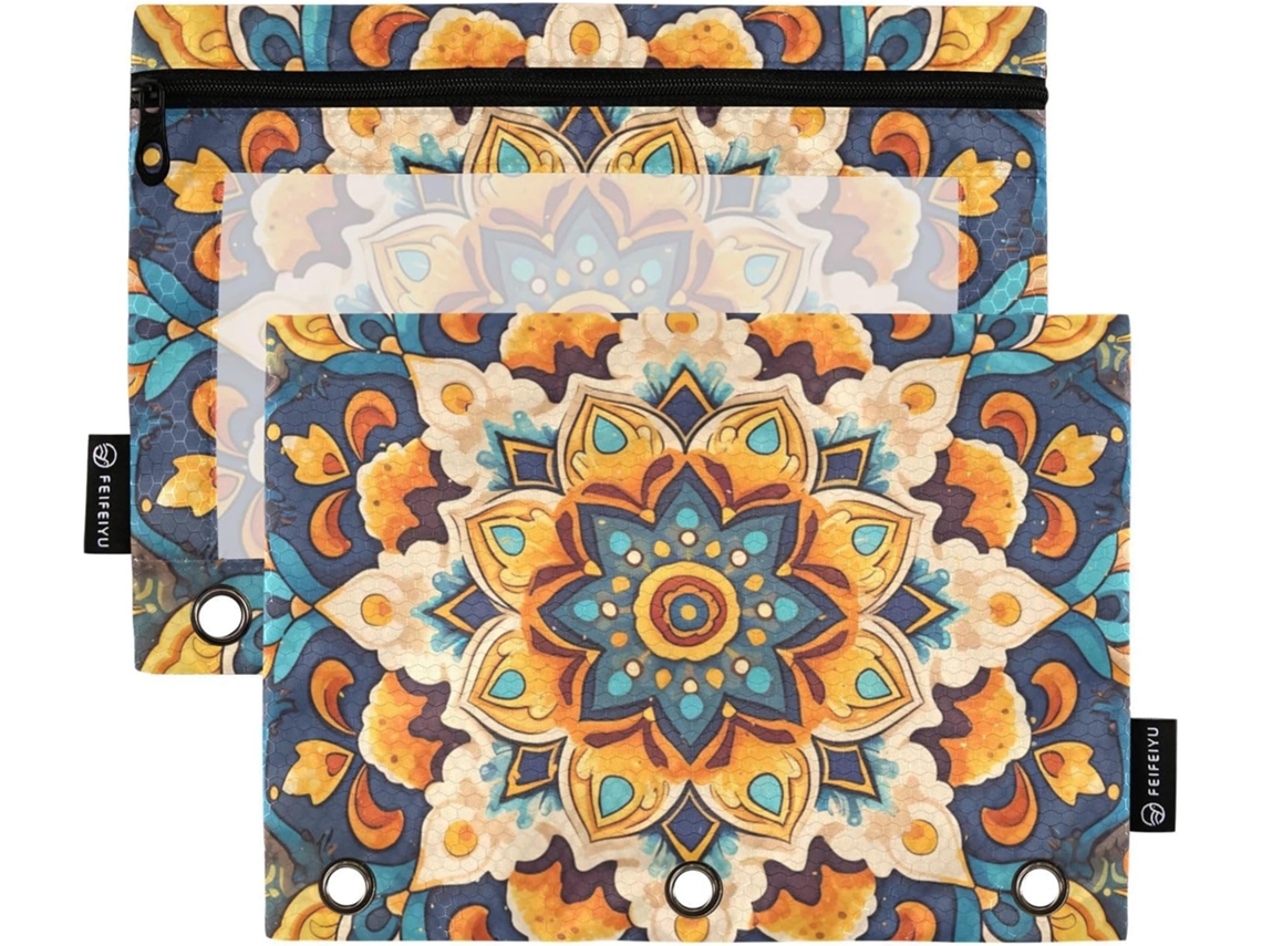 Bolsa Boêmia com estampa de mandala azul e amarela, janela transparente com zíper, bolsas espaçosas e 3 furos para