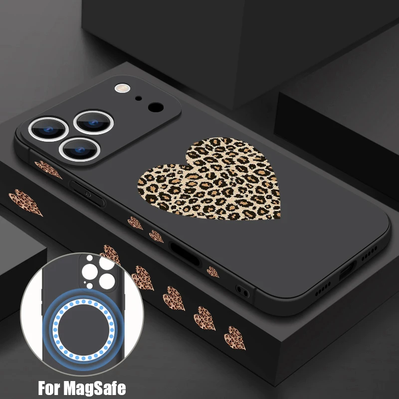 Capa Magnética Para Iphone 17 (preta), Com Cordão Em Formato De Coração E Estampa De Leopardo, Em Tpu.