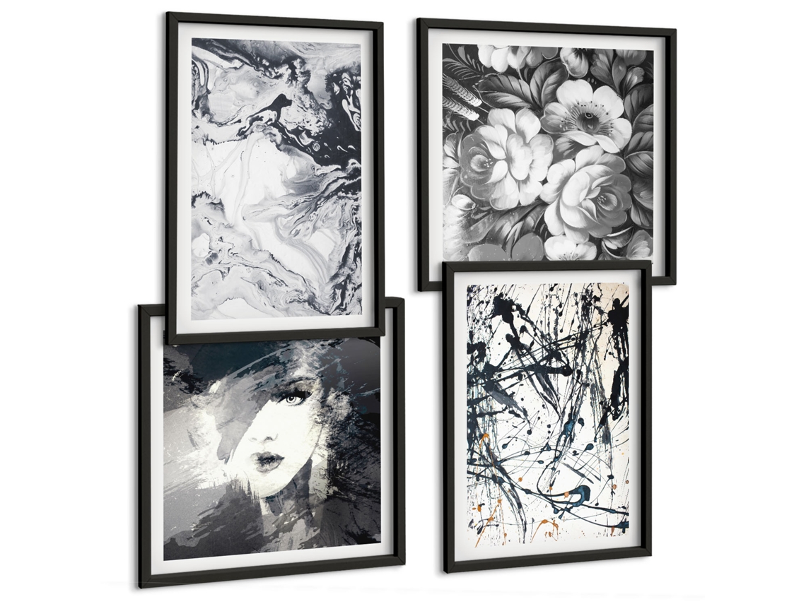 Composição De Quadros Flores Abstratas Retrato Moderno Espelharte (4 Peças)