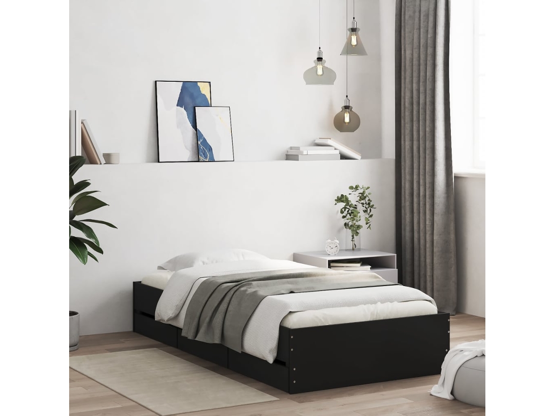 Estrutura Cama C/ Gavetas 90x190 Cm Derivados De Madeira Preto