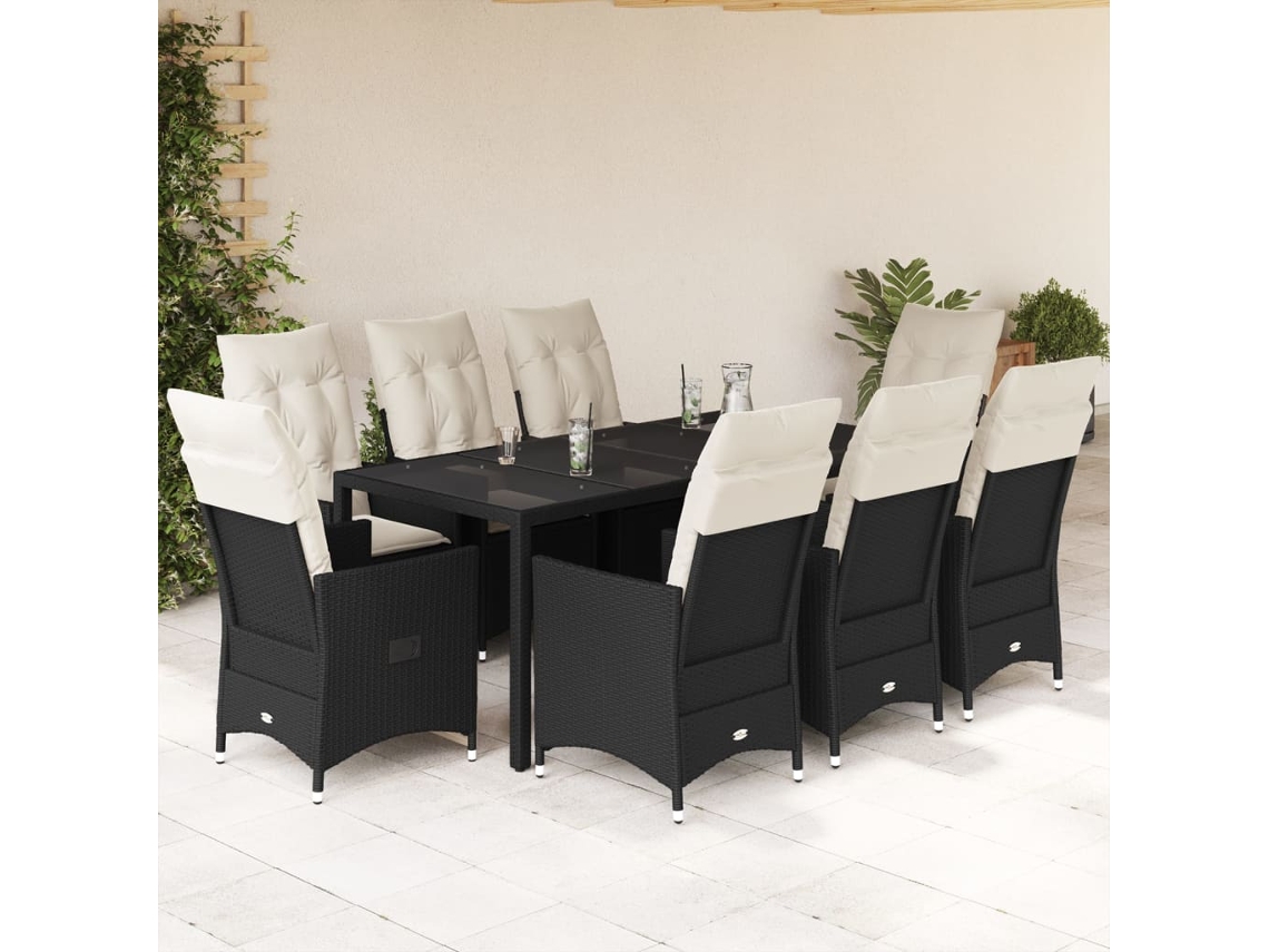 Vidaxl 9 Pcs Conjunto De Jantar P/ Jardim C/ Almofadões Vime Pe Preto