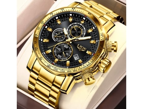 Relógio Luxuoso Masculino LIGE Bracelete Metal Dourado LIGE