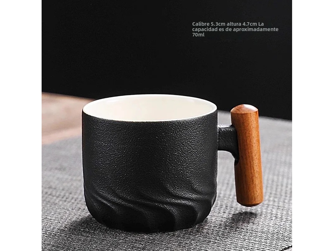 Xícara de Café Vintage Feita À Mão, com Cabo de Madeira, em Cerâmica Resistente a Produtos Químicos. MDUG (preta 70ml)