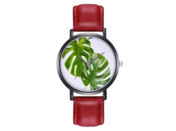 Relógio de quartzo unissex Zhoulianfa com pulseira de couro PU e design simples de folha (vermelho)