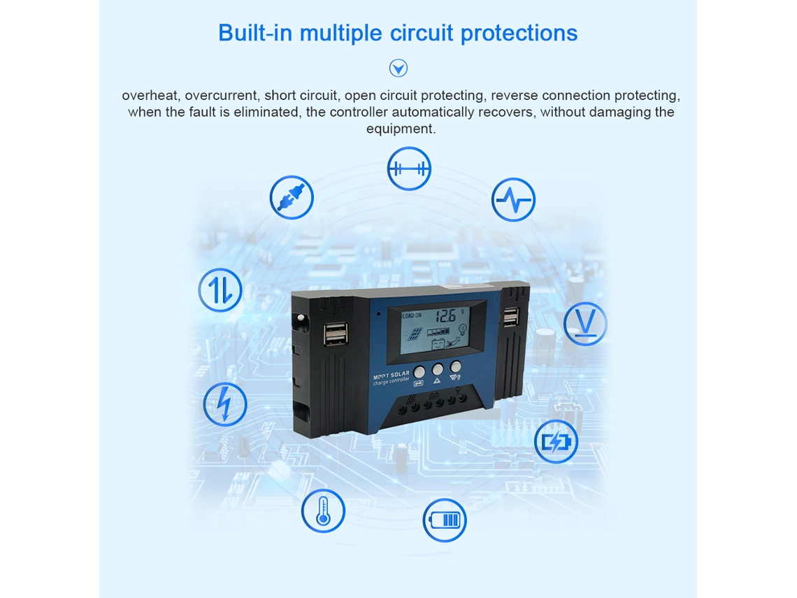 Controlador de Carga Solar MPPT 12/24V 100A com 4 USB e Display LCD