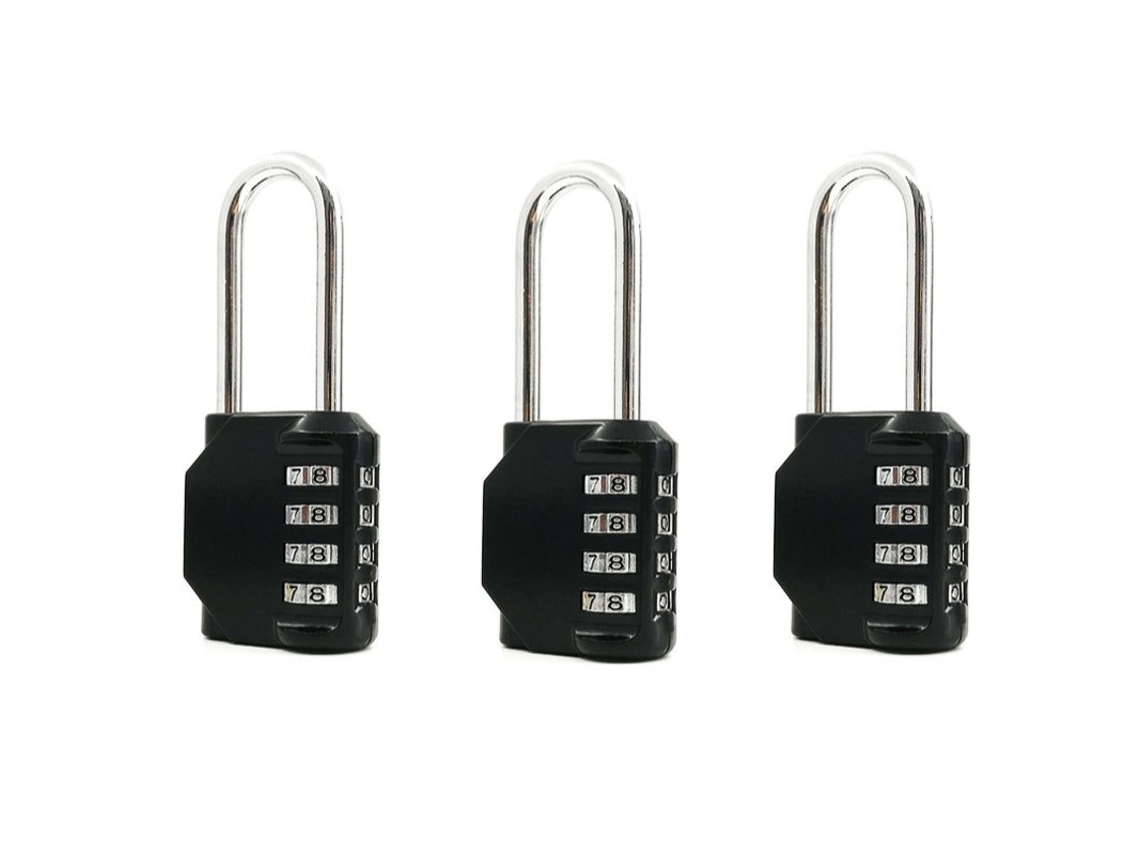 Conjunto De 3 Cadeados Com Código De 4 Dígitos, Com Haste Longa, Preto