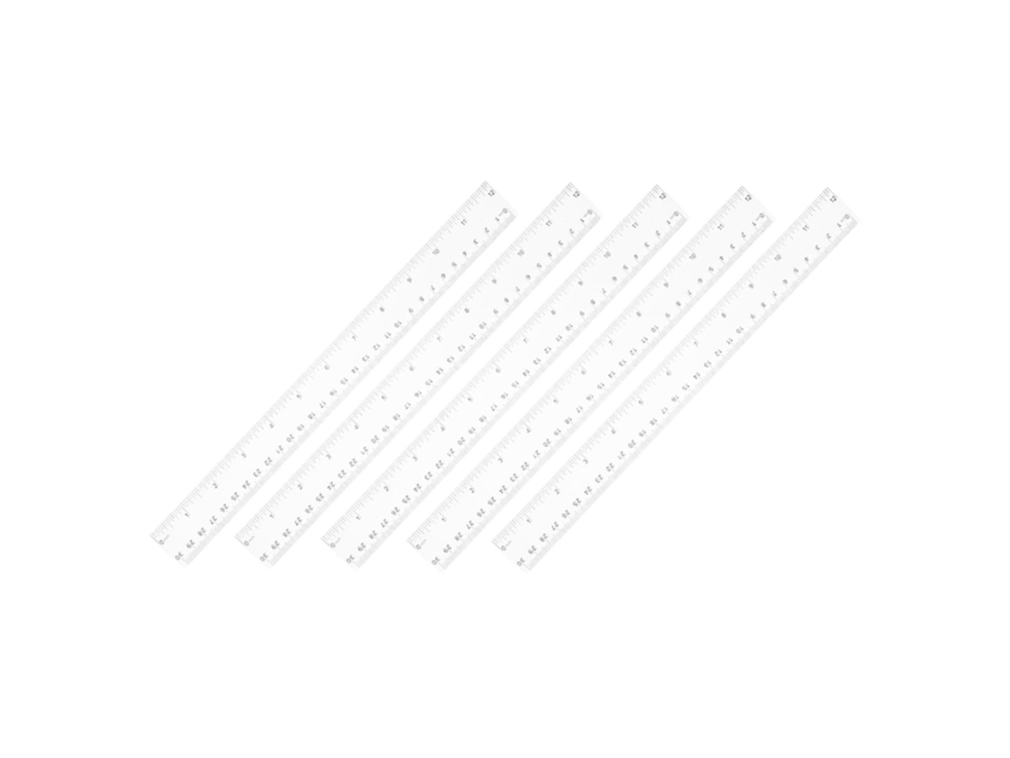 Conjunto de 5 réguas de plástico transparente para medições precisas, ideal para estudantes, desenvolvimento e matemática.