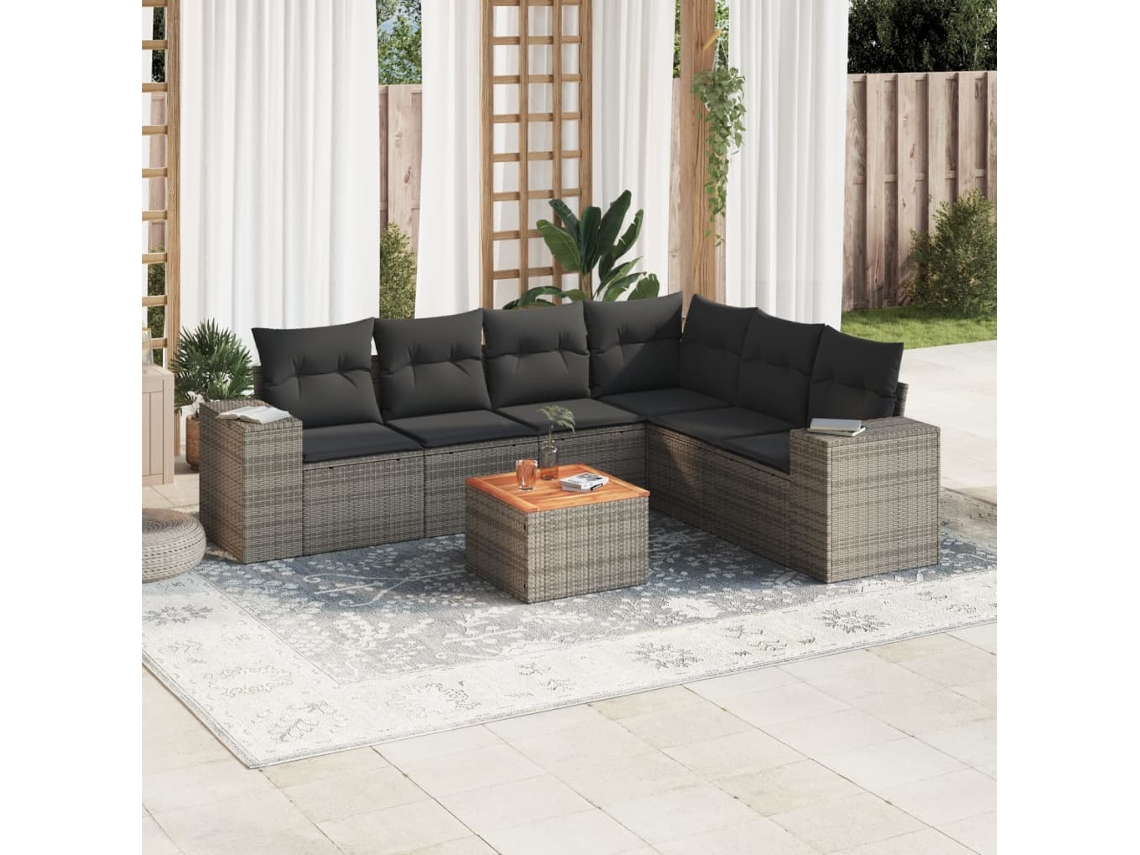 Vidaxl 7 Pcs Conjunto Sofás P/ Jardim C/ Almofadões Vime Pe Cinzento