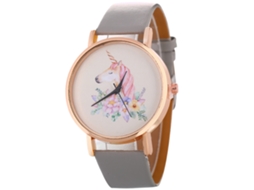 Relógio Feminino de Moda Pulseira de Couro Pu Casual Quartz com Design de Cavalo e Flores Cinza