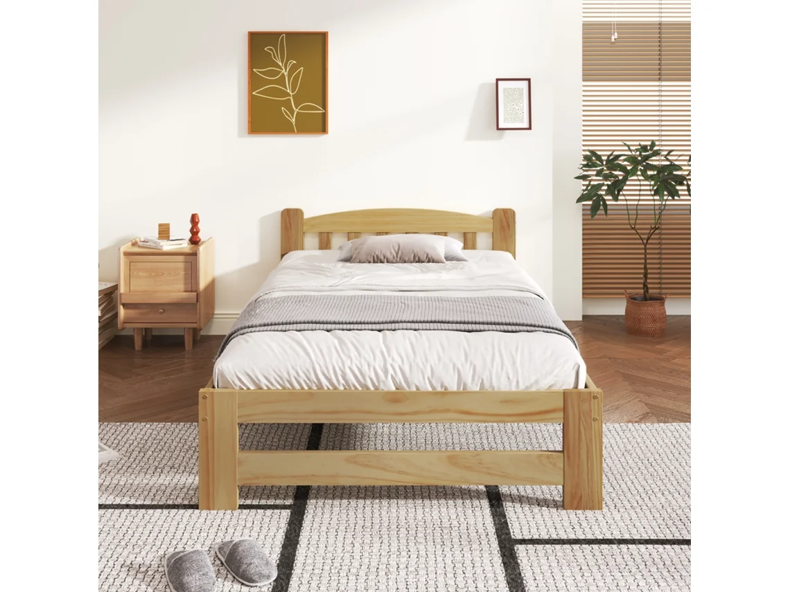Cama De Madeira Sólida Futon 90x200 Cm Com Apoio Cabeça E Racks Natural