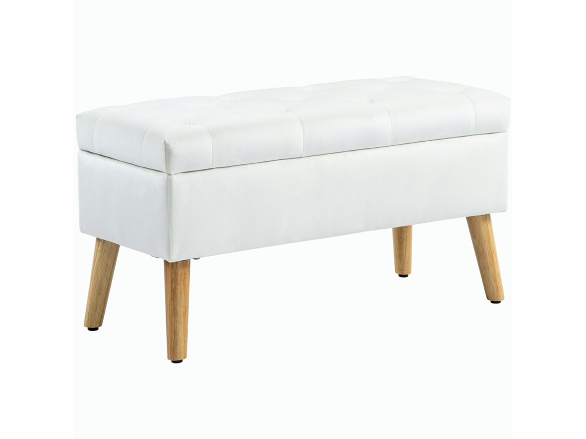 Banco Estofado Com Espaço De Armazenamento, Revestimento Em Veludo, Pés De Madeira, Para Sala De Estar, Quarto E Corredor, 80 X 35 X 42 Cm, Branco.