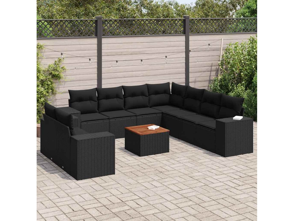 Vidaxl 10 Pcs Conjunto Sofás De Jardim C/ Almofadões Vime Pe Preto
