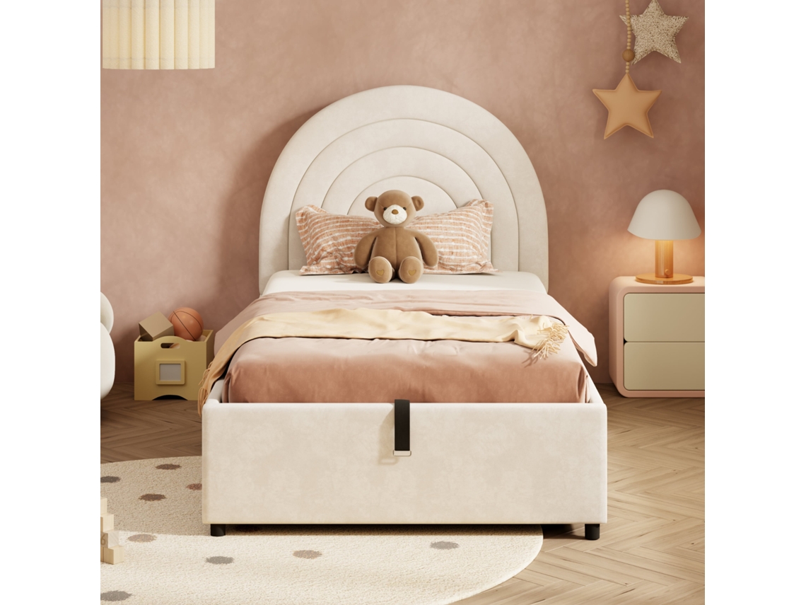 Cama infantil 90x200cm, estofada, cabeceira acolchoada, baú hidráulico, ripas, confortável, bege, KOMHTOM