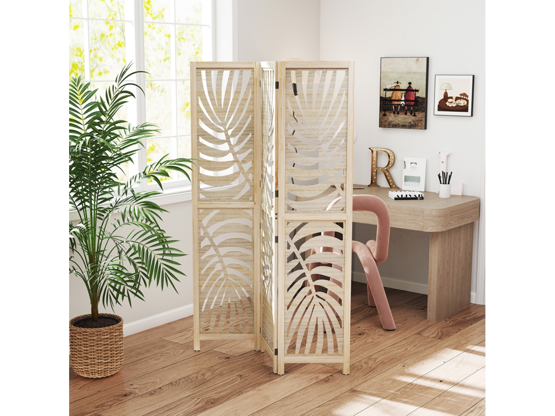 Paravento Da Interno A 3 Painéis Plegáveis E Separáveis Em Madeira, Design A Folhas, 120x170 Cm, Cor De Lenhoso