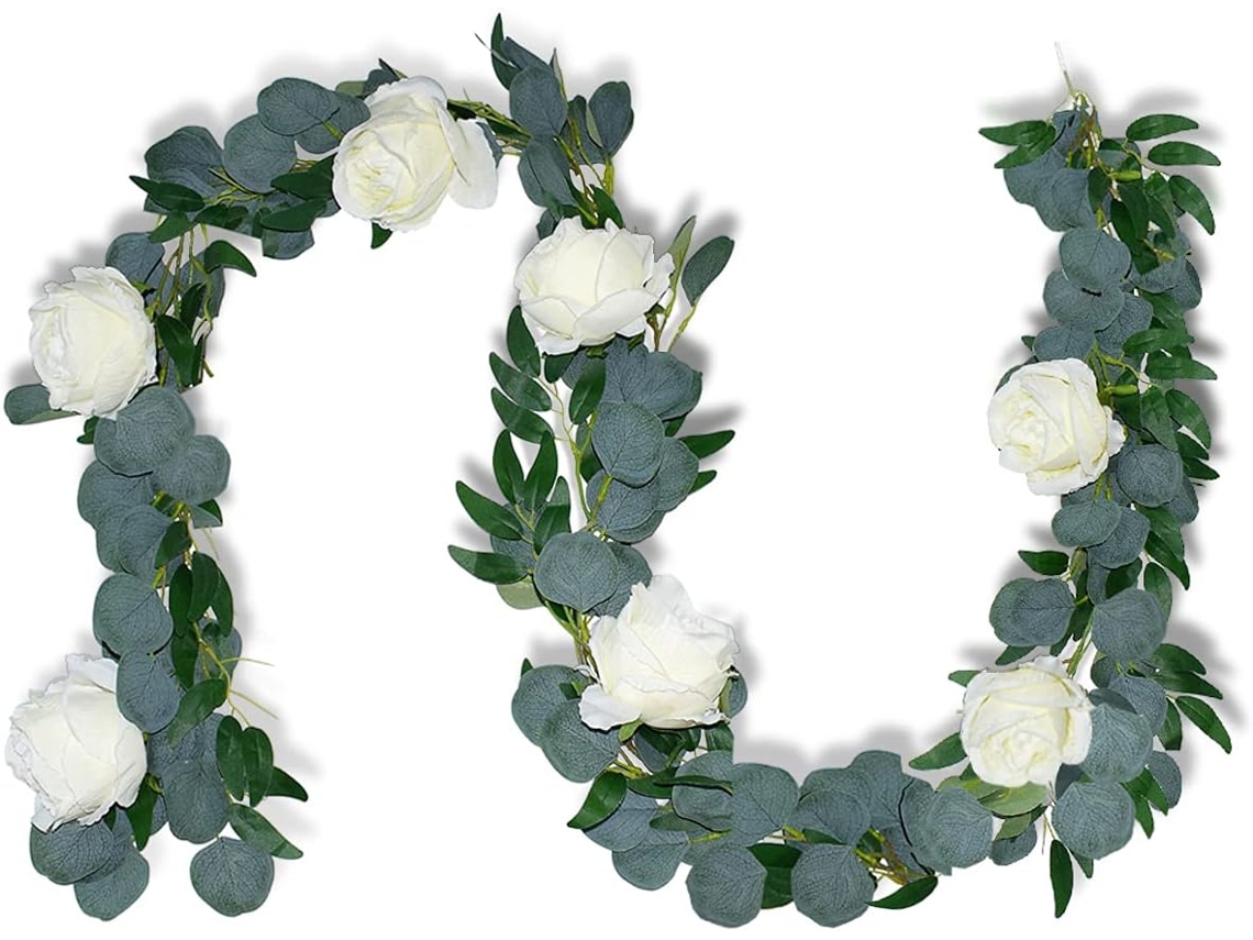 Guirlanda de Rosas Artificiais para Casamento, 200 Cm de Comprimento, com Plantas de Eucalipto para Pendurar AQUAFORGE