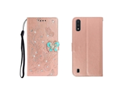 Capa De Couro Com Estampa De Borboleta E Strass Horizontal Para Galaxy A01, Com Compartimento Para Cartão, Carteira E Suporte.