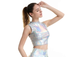 Top cropped metálico feminino para dança, modelo 2026, com alças finas e tecido elástico com glitter.