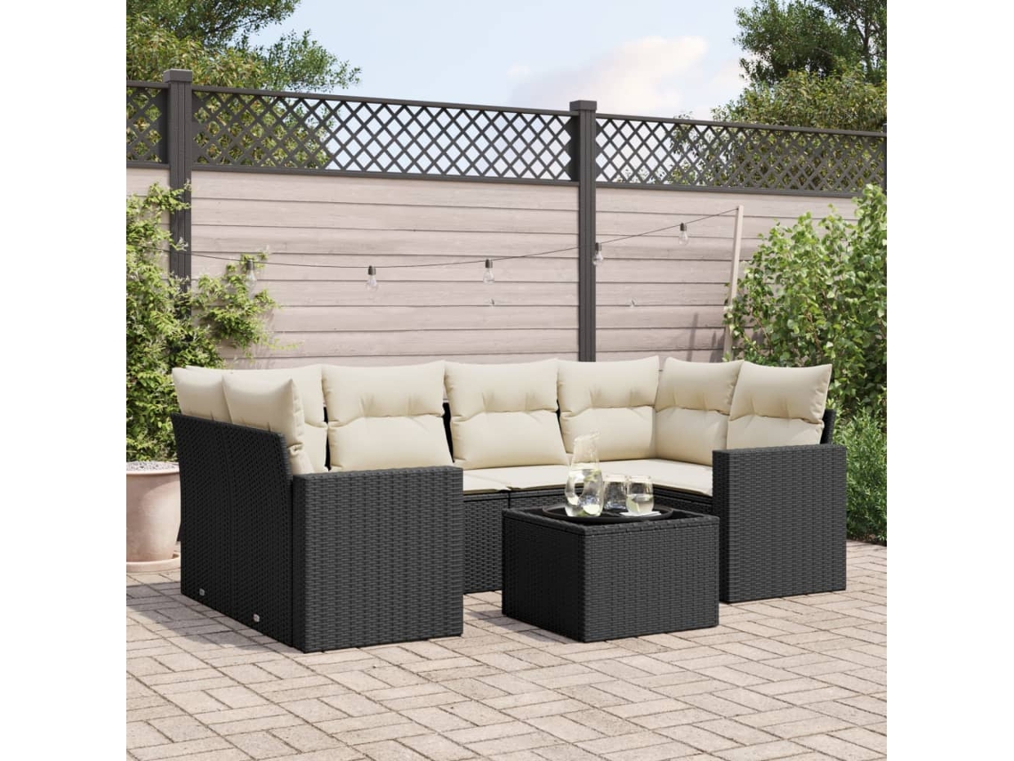Vidaxl 7 Pcs Conjunto De Sofás P/ Jardim C/ Almofadões Vime Pe Preto