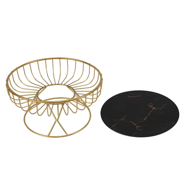 Fruteira Redonda De Metal Com Grande Capacidade, Cor Preto E Dourado, Formato Redondo, Vazada E Ventilada, Para Bancada De Cozinha