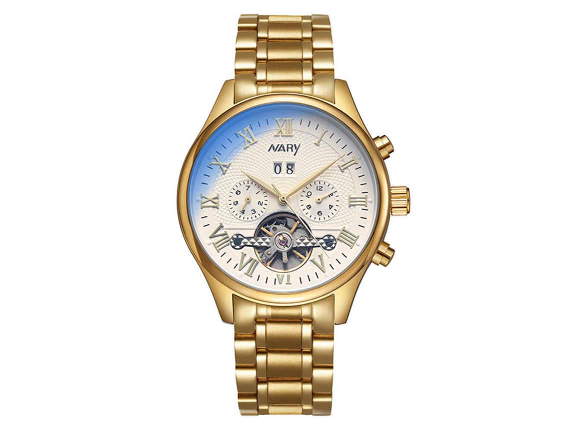 Relógio de pulso masculino Nary para negócios, calendário luminoso, à prova d'água, ouro branco.