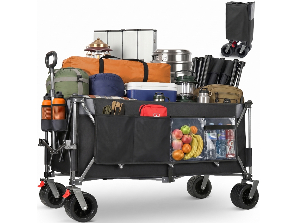 Carrinho De Transporte Dobrável Xxl 300l Preto, Capacidade 250kg, Rodas Todo-o-terreno 17x10cm, Estrutura Reforçada, Camping Jardim Praia