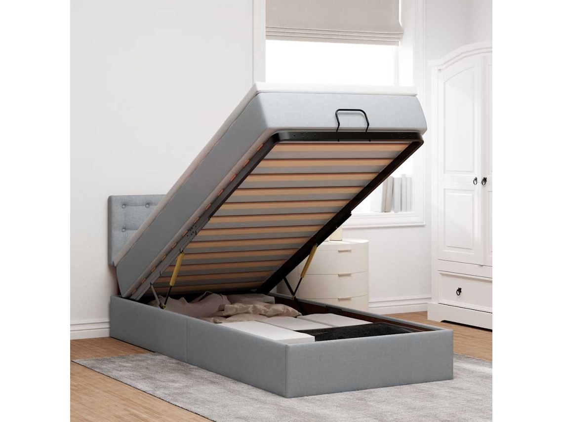 Cama otomana com colchão 90x200 cm tecido cinzento claro