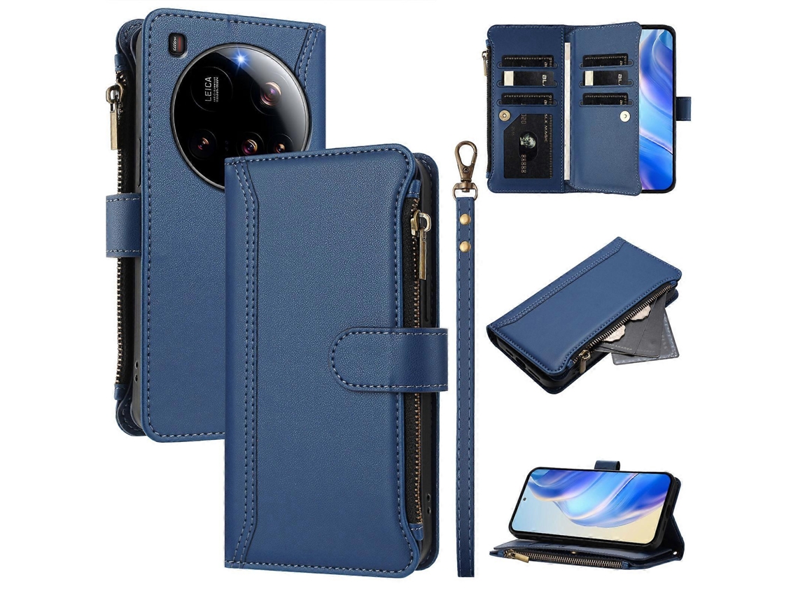 Capa De Couro Com 9 Compartimentos Para Cartões E Suporte Tipo Carteira Com Zíper Para Xiaomi 15 Ultra, Azul Escuro