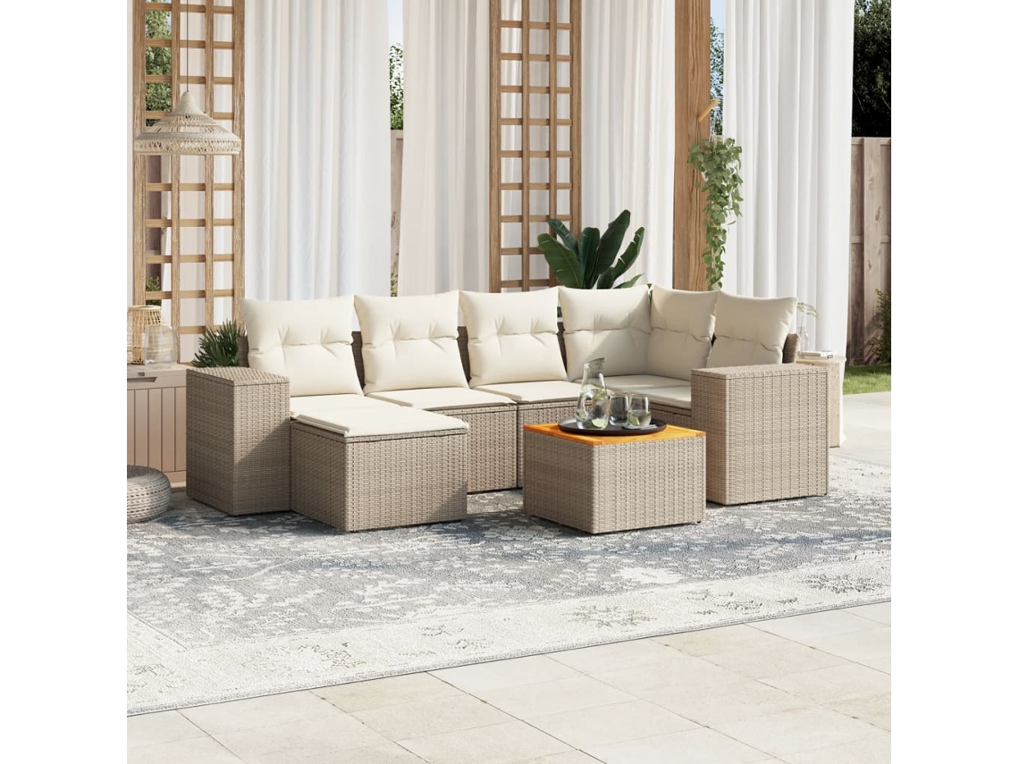 Vidaxl 7 Pcs Conjunto De Sofás P/ Jardim Com Almofadões Vime Pe Bege