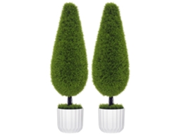 Conjunto de 2 plantas artificiais, incluindo vaso e musgo artificial. Cipreste artificial, branco e verde.