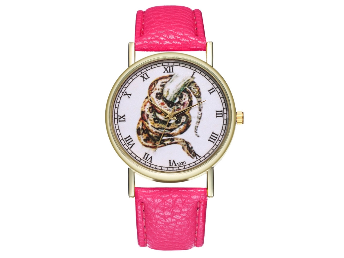 Relógio de quartzo unissex casual com pulseira de couro PU, mostrador redondo vermelho e rosa.