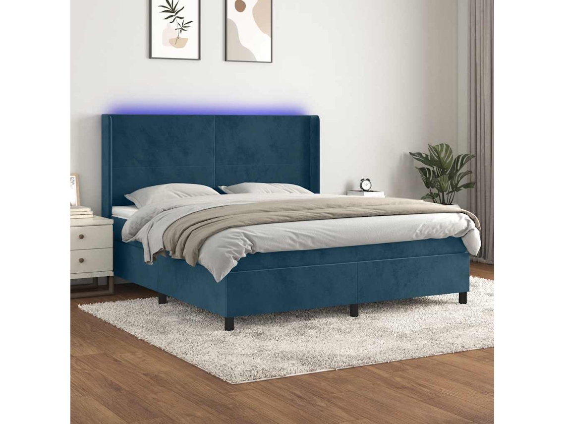 Vidaxl Cama Box Spring C/ Colchão/led 160x200 Cm Veludo Azul-escuro