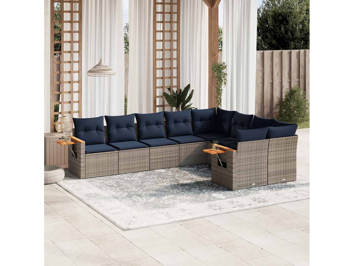 Vidaxl 9 Pcs Conjunto Sofás P/ Jardim C/ Almofadões Vime Pe Cinzento