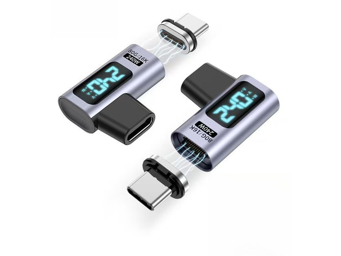 Adaptador Magnético Usb C 240w 24pin, Com Visor Led De Tensão/corrente E Vídeo 8k 60hz Para Iphone, Steam Deck, Rog Ally Prata Hexinyigjly