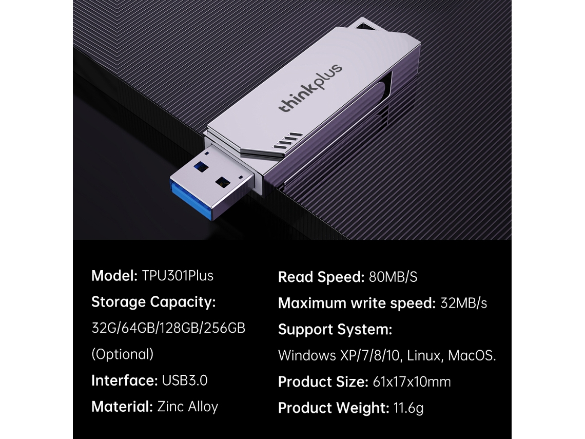 Lenovo Thinkplus Tpu301plus 256gb Pen Drive Usb3.0 Compatível Com Windows, Mac, Linux E Tablets Portáteis