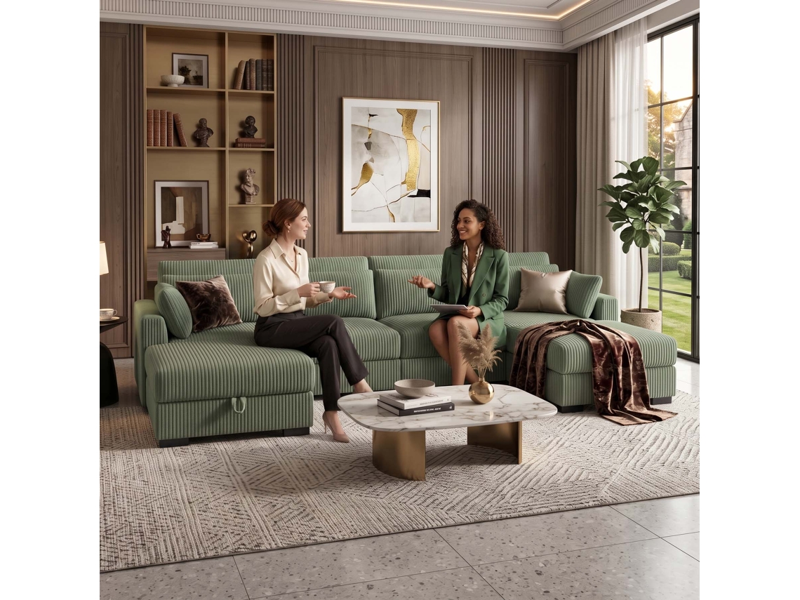 Lazyspace Sofá Modular Em U 328x157 Cm Veludo Cotelê Com Arrumação Verde