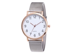 Relógio de pulso analógico moderno com pulseira de malha, movimento de quartzo, cor ouro rosa.