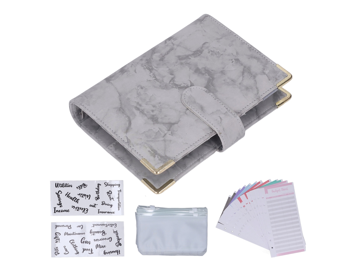 Carpeta de Presupuesto A6 de Cuero Pu com 8 Bolsas com Cremallera, 12 Folhas e 2 Adesivos