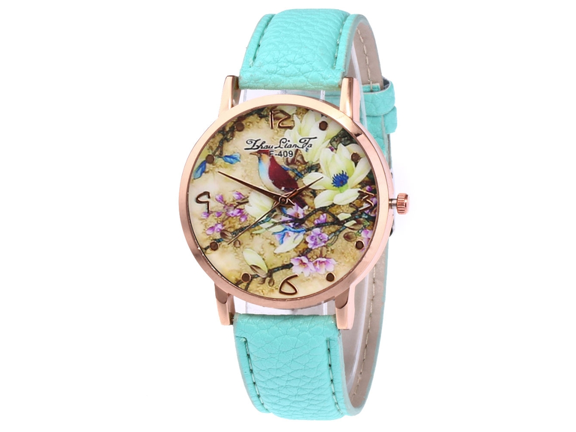 Relógio de pulso Zhoulianfa Quartz com pulseira de PU, estampa de flores e pássaros, verde menta