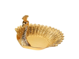 Copo de metal Rebe-Golden em formato de pavão para servir frutas e petiscos.
