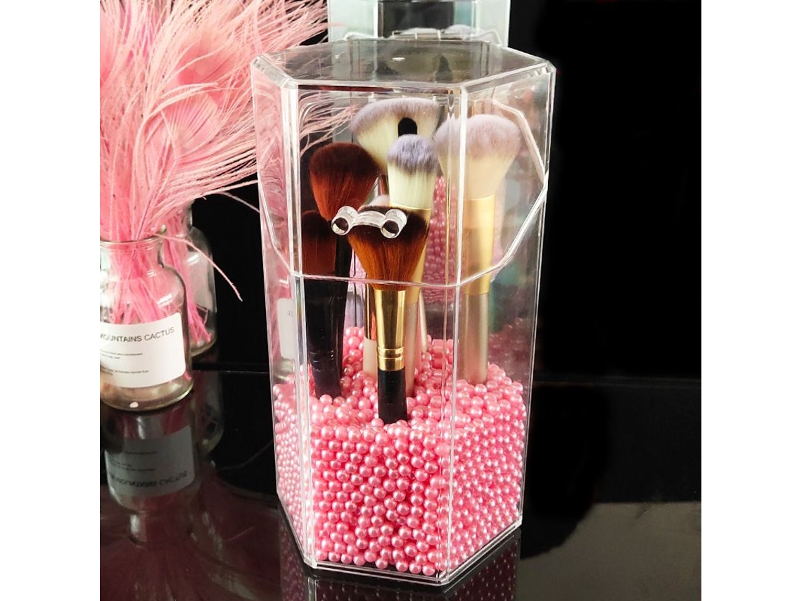 Porta Brochas de Maquilhagem Hexagonal de Acrílico com Tapa, Estuche Transparente com Perlas Rosas para Banho e Tocador S/MARCA
