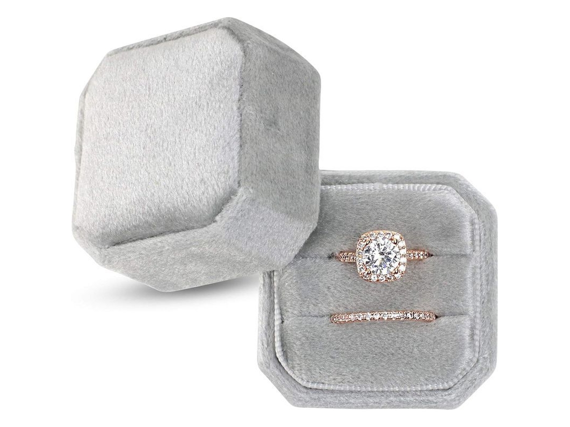 Caja De Anéis De Veludo Com 2 Ranhuras Vintage Para Casamento E Fotografia Noiva (cinza)