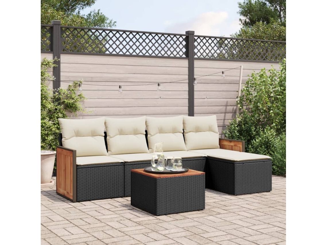 Vidaxl 6 Pcs Conjunto Sofás De Jardim C/ Almofadões Vime Pe Preto