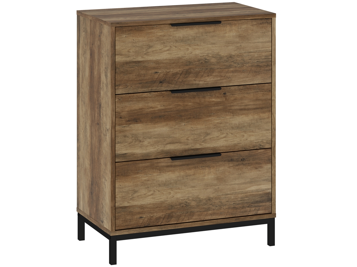 Cómoda 3 Gavetas Anti-tombo Com Puxadores Pretos, Aglomerado E Metal, 62x35x82cm, Castanho Escuro