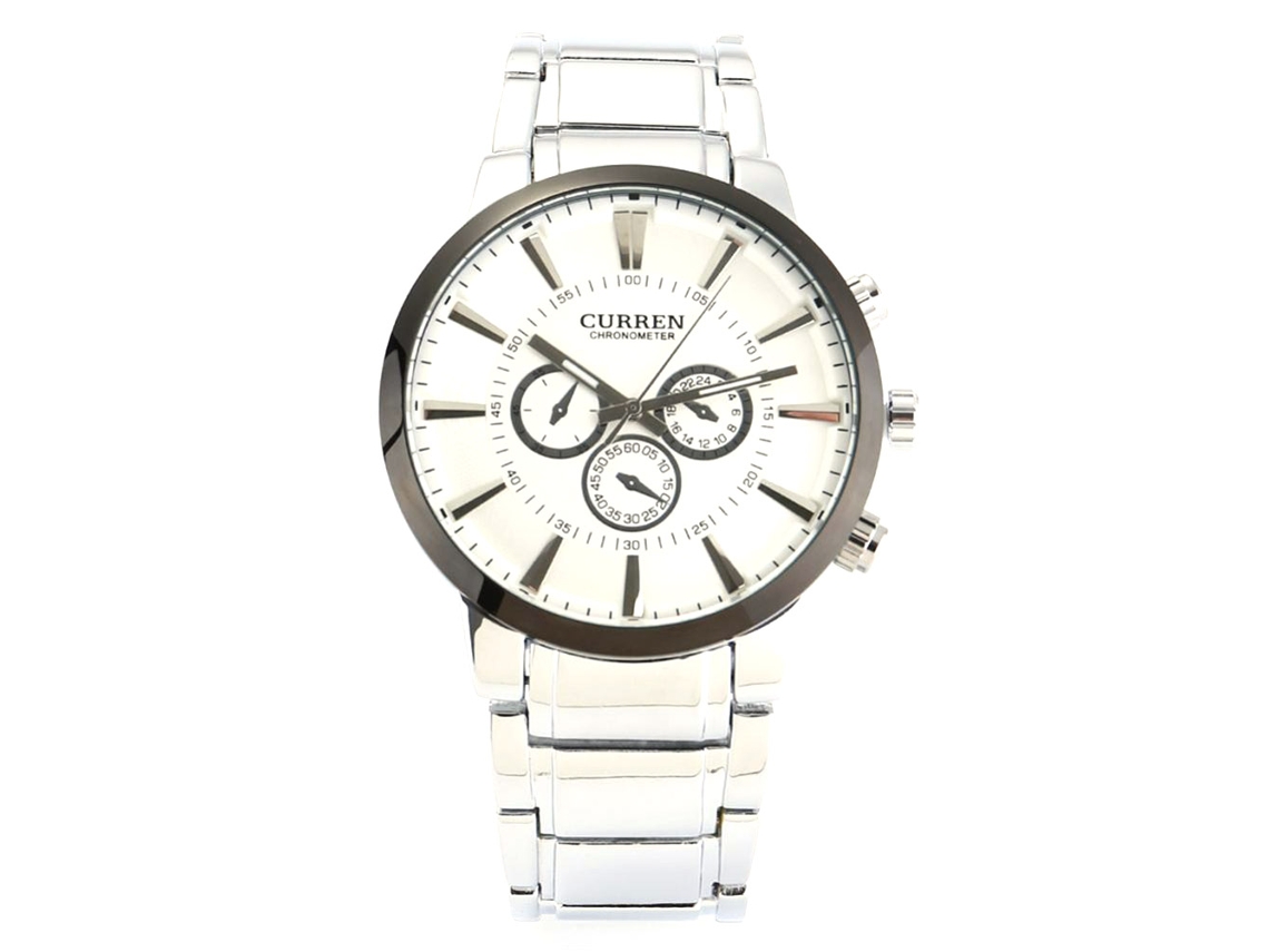 Relógio de pulso masculino casual e moderno com mostrador grande, aço inoxidável, resistente à água, quartzo, branco.