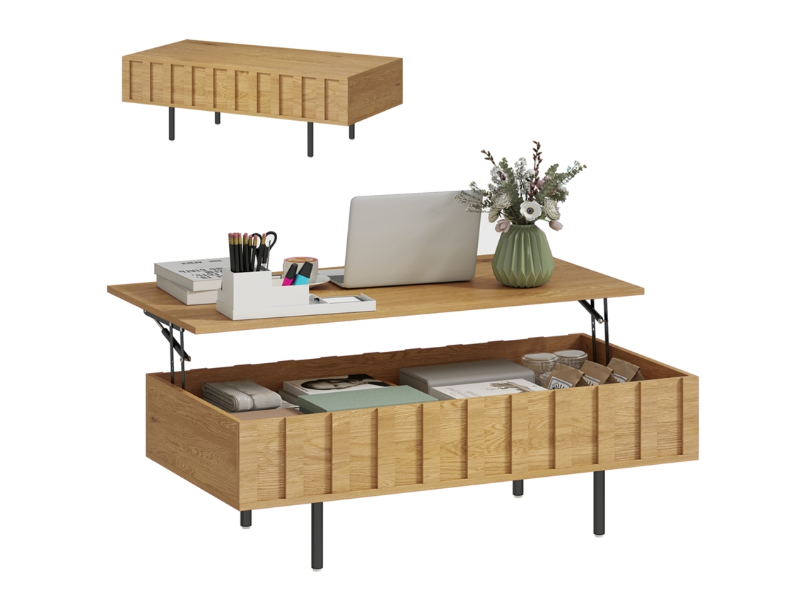 Mesa de centro com almofada elevatória para sala de estar com 2 compartimentos ocultos, estrutura metálica, 110x55x36,5 cm, Carvalho.