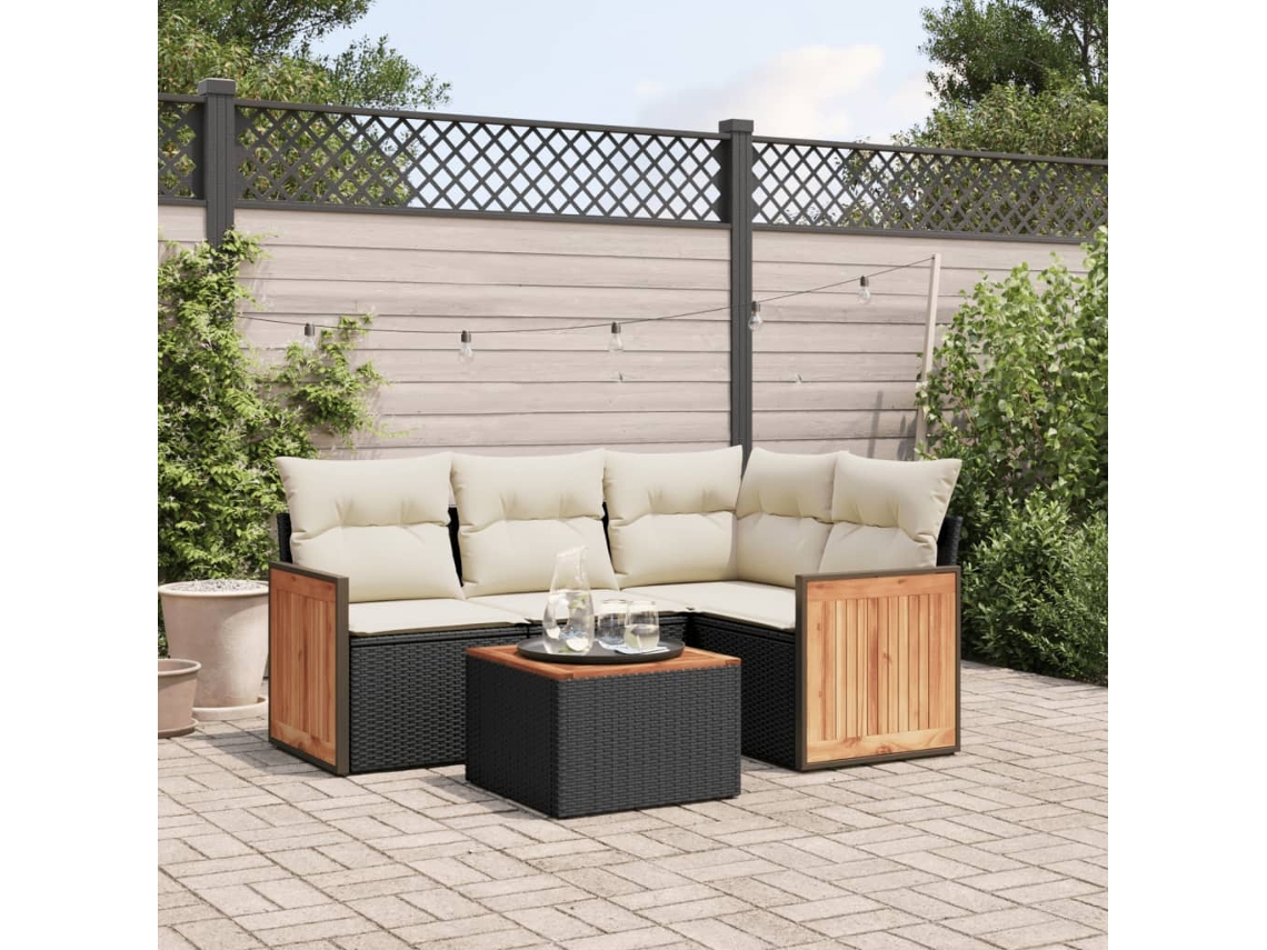 Vidaxl 5 Pcs Conjunto Sofás De Jardim Com Almofadões Vime Pe Preto