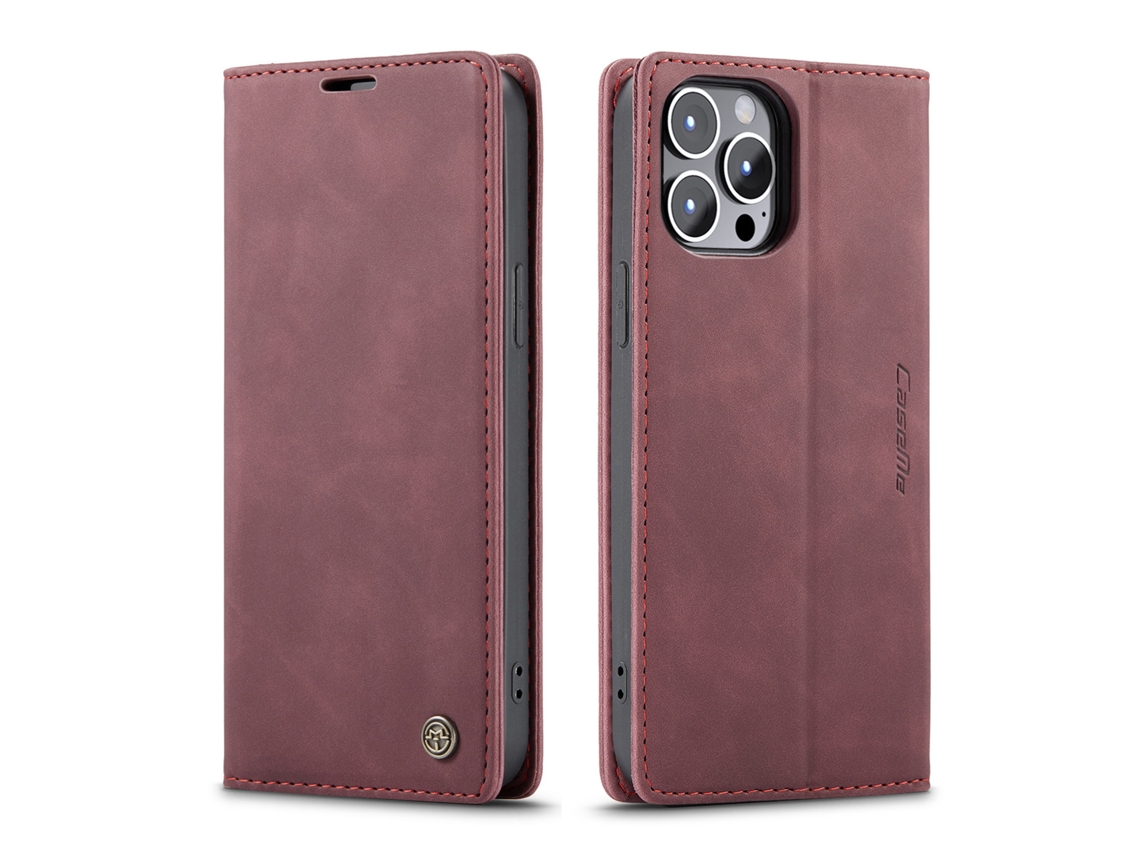 Capa Flip Para Celular Com Compartimento Para Cartão Em Courovermelho - Iphone 16