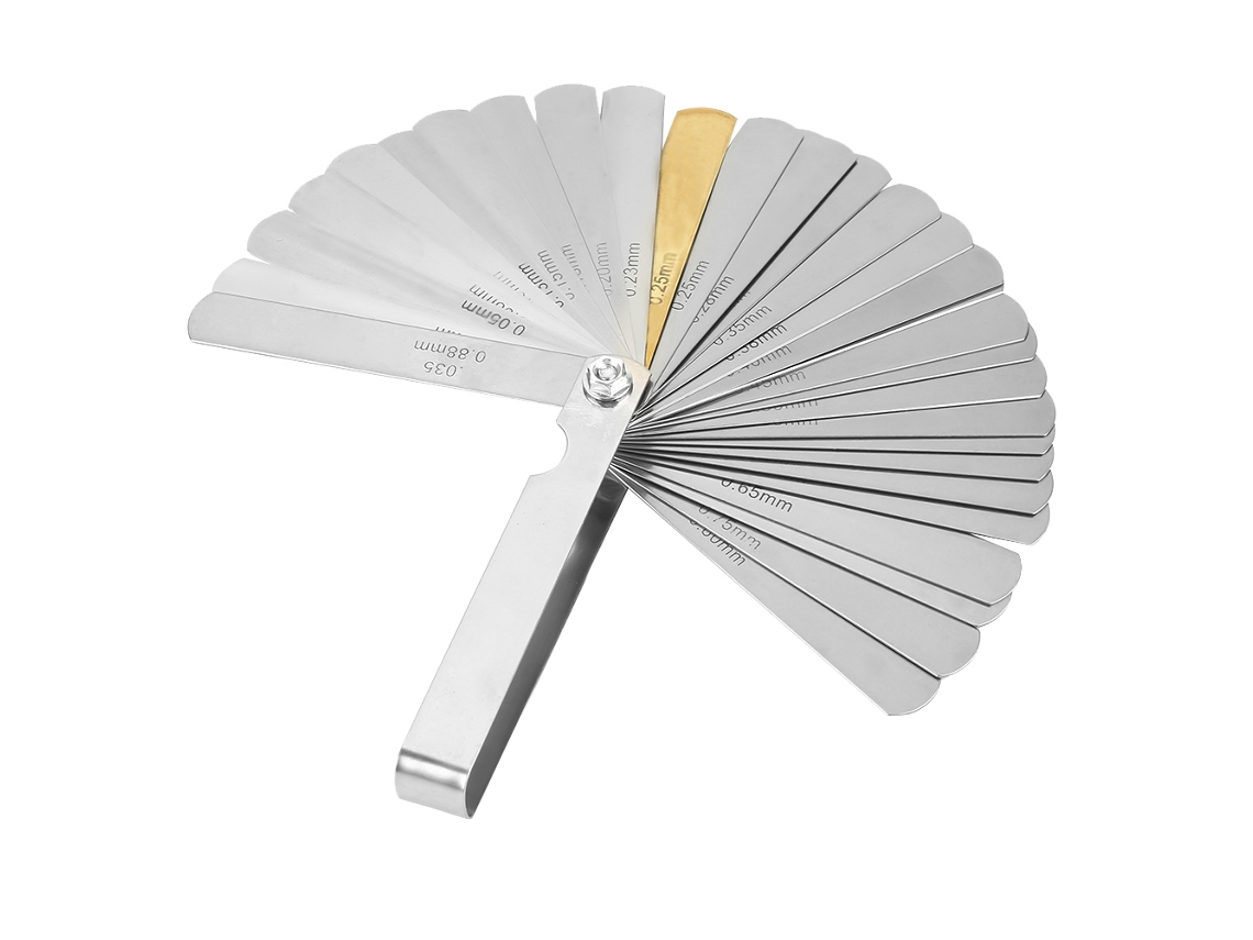 Conjunto de 32 peças de medidor de espessura de chapa de aço inoxidável, com medidas métricas e imperiais de 0,04 a 0,88 mm.