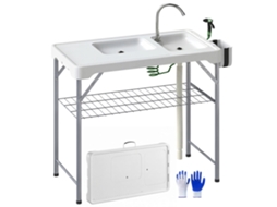 Mesa Para Campismo Dobrável Mesa Com 2 Lavatórios Mangueira De Drenagem Estação De Limpeza 108x58x92 Cm Branco