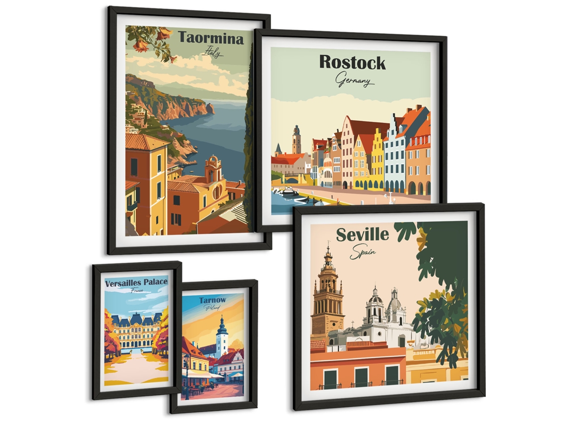 Conjunto De Pinturas Paisagens De Cidades Europeias Espelharte (5 Peças)